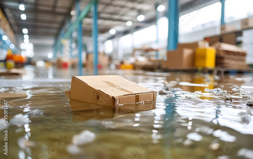 Flooded warehouse incident cardboard box in water industrial setting damage assessment overhead view urgent response