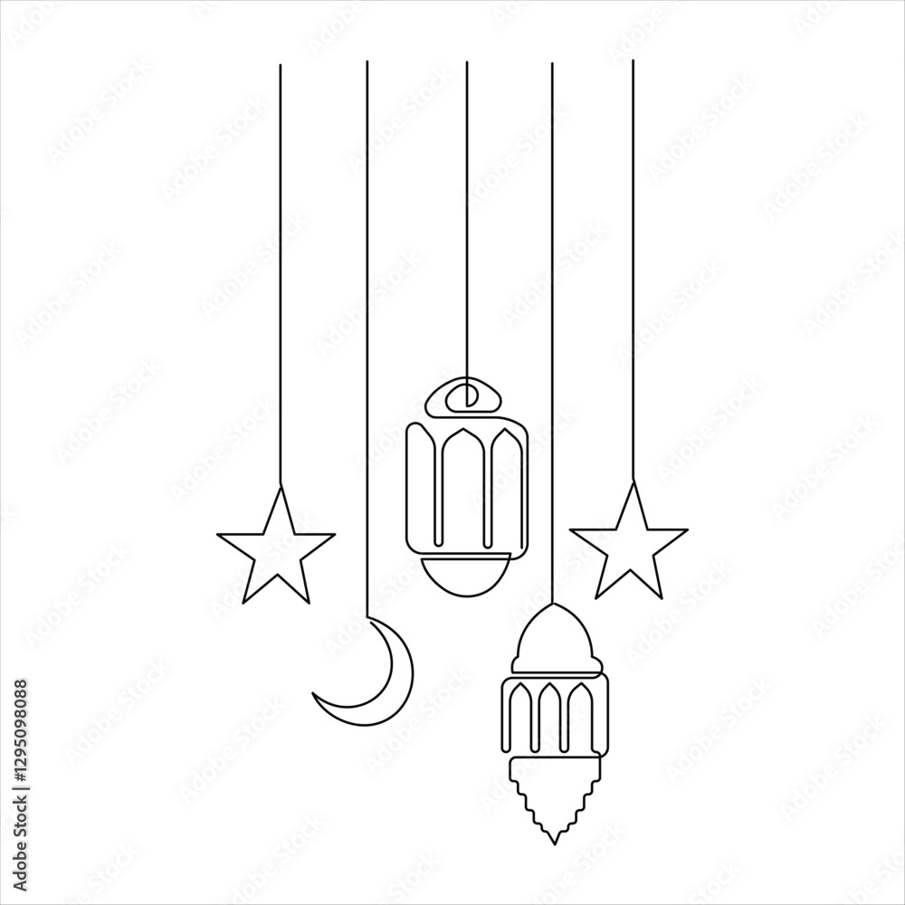 Ramadan Kareem continuous one line art drawing of Eid Mubarak Islamic decoration design outline vector Ramadan Kareem continuous one line art drawing of Eid Mubarak Islamic decoration design outline vector