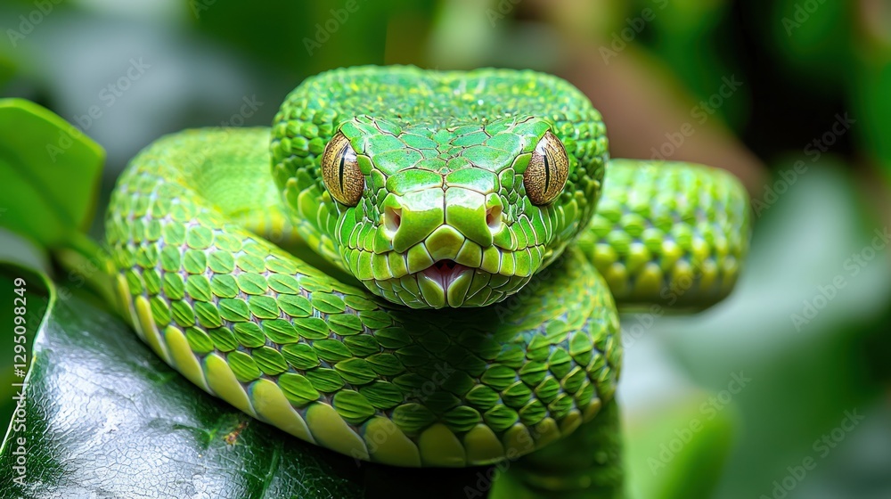 Close-up of venomous green tree viper coiled on leaf in jungle foliage Close-up of venomous green tree viper coiled on leaf in jungle foliage