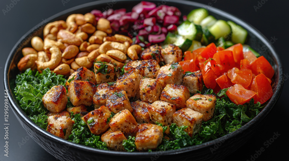Hearty salad bowl with grilled chicken, fresh greens, nuts, and vegetables Hearty salad bowl with grilled chicken, fresh greens, nuts, and vegetables