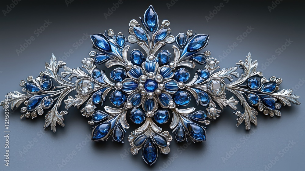 Naklejka premium Ornate silver and blue gemstone brooch showcasing intricate floral design with detailed craftsmanship