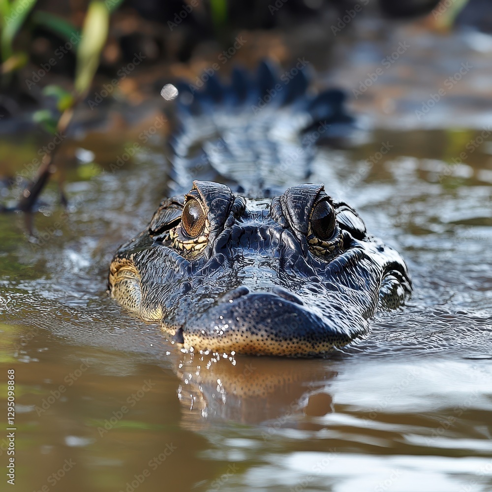 Obraz premium Close-up of a Reptile Swimming in Freshwater Habitat with Lush Green Surrounding in Bright Natural Light, Capturing Intricate Details and Textures