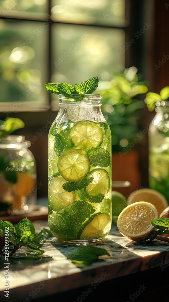 Refreshing mint lemonade with lime slices in glass jar, garnished with mint leaves, evokes vibrant summer vibe Refreshing mint lemonade with lime slices in glass jar, garnished with mint leaves, evokes vibrant summer vibe