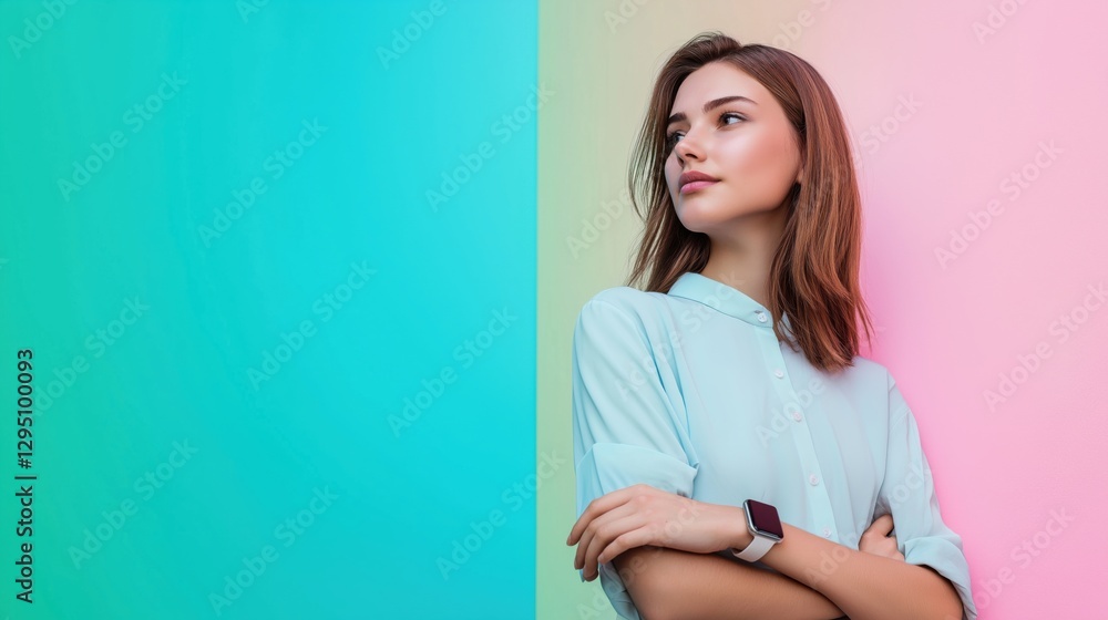 Obraz premium Young woman with smartwatch, standing against vibrant turquoise and pink background