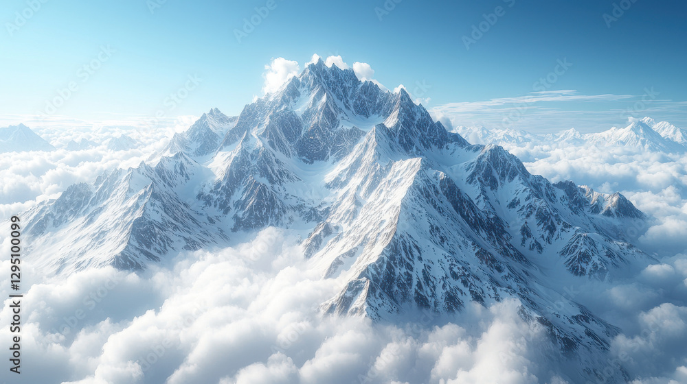 Majestic snowy peaks rise above soft clouds, creating breathtaking view Majestic snowy peaks rise above soft clouds, creating breathtaking view