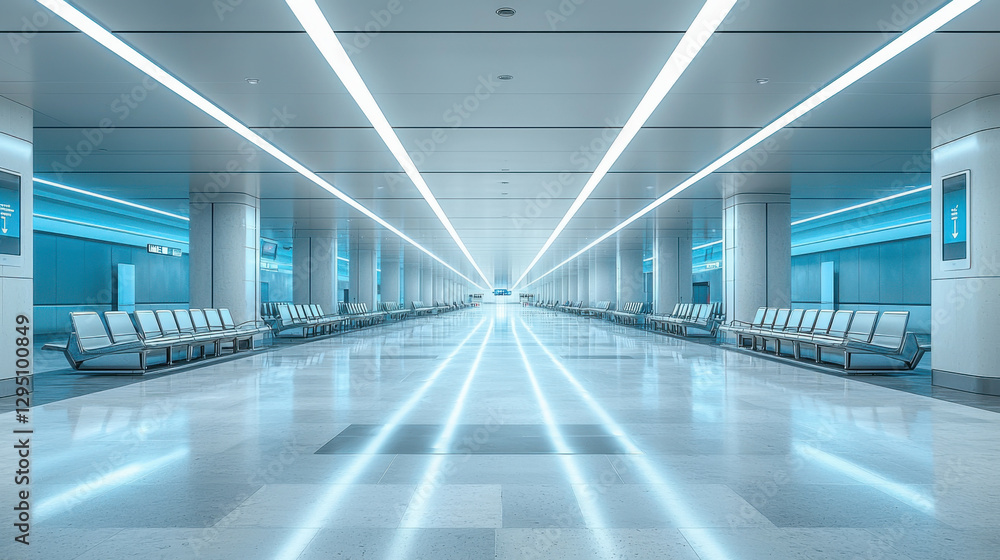 Fototapeta premium Modern airport hall with empty seats, sleek design, and clean lines