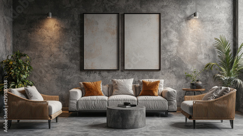 Modern living room with stylish furniture and textured concrete wall