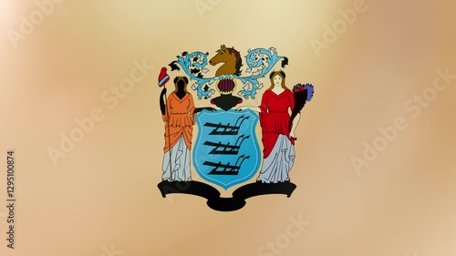 Seamless 3D loop of New Jersey’s flag with coat of arms waving in wind. Vibrant 4K video for patriotic displays, educational content, and urban-themed projects.