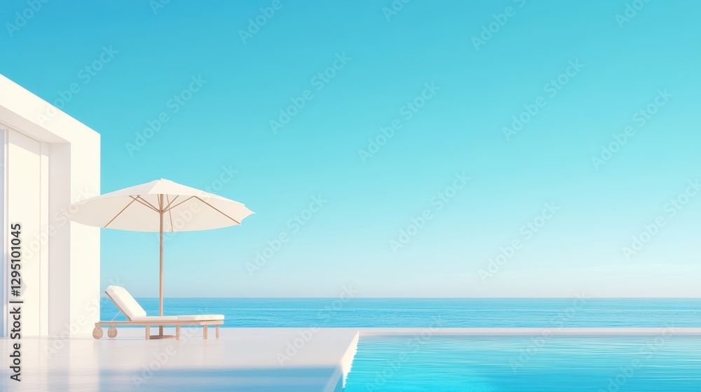 Obraz premium A serene setting featuring a white umbrella and a single chair positioned beside a tranquil pool, perfect for relaxation and leisure.