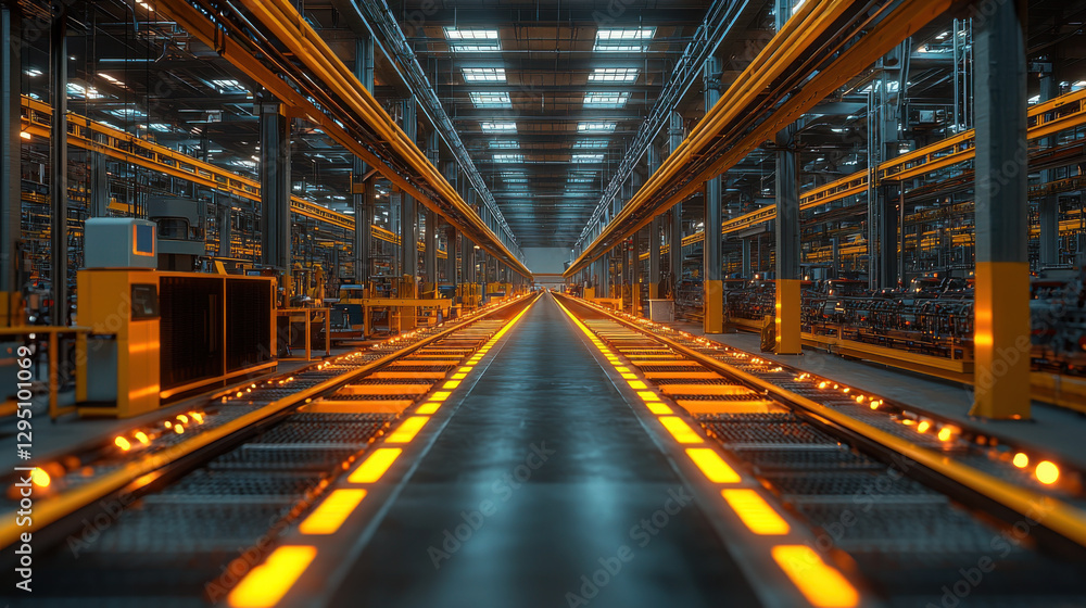 Obraz premium Modern assembly line in factory with illuminated pathways and machinery