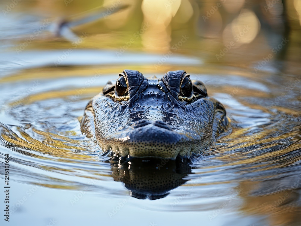 Close-Up of Alligator Head Emerging from Water with Ripples and Natural Background in a Serene Habitat Close-Up of Alligator Head Emerging from Water with Ripples and Natural Background in a Serene Habitat