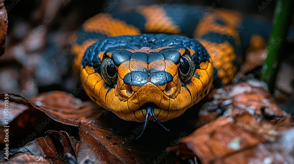 Fototapeta premium Close-up of venomous snake in forest leaf litter