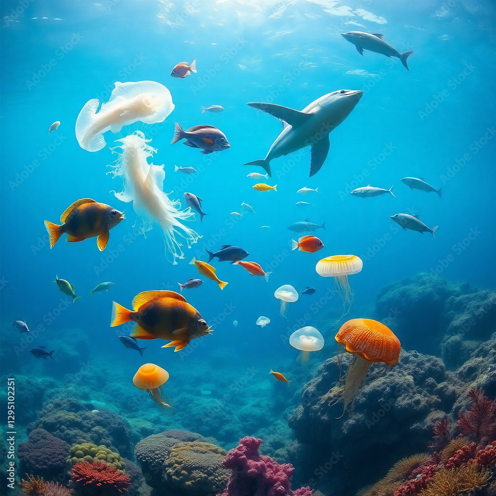 Fototapeta premium Pristine Plastic-Free Ocean with Vibrant Marine Life and Coral Reefs