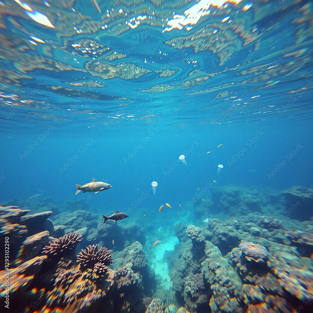 Fototapeta premium Pristine Plastic-Free Ocean with Vibrant Marine Life and Coral Reefs