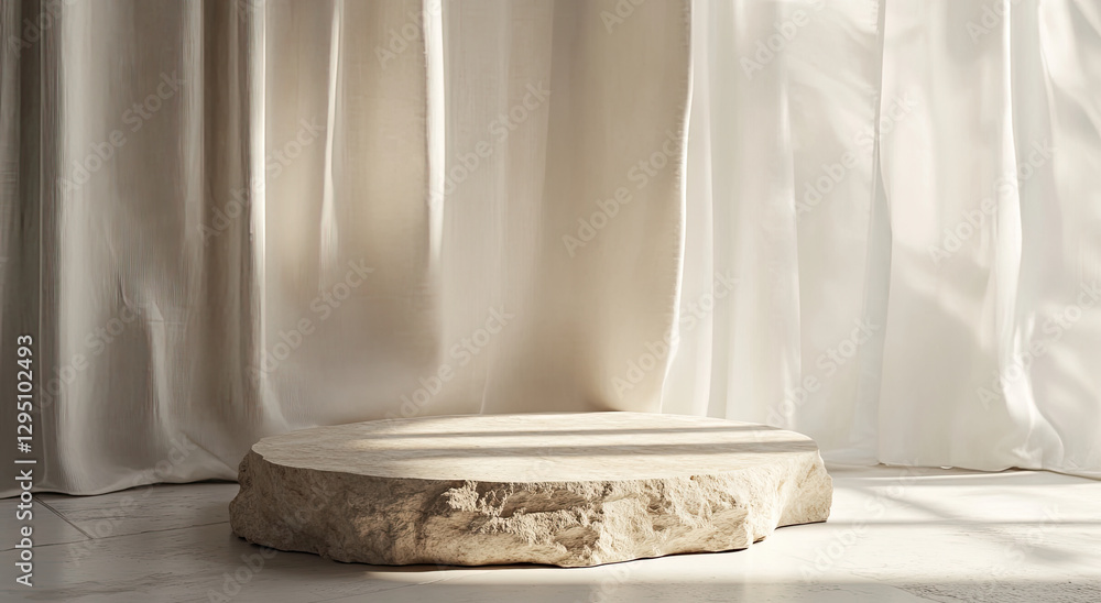 A minimalist stone platform illuminated by soft light, surrounded by flowing curtains. A minimalist stone platform illuminated by soft light, surrounded by flowing curtains.