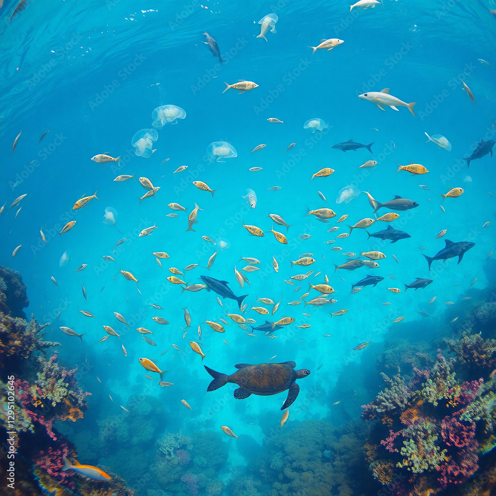 Fototapeta premium Pristine Plastic-Free Ocean with Vibrant Marine Life and Coral Reefs