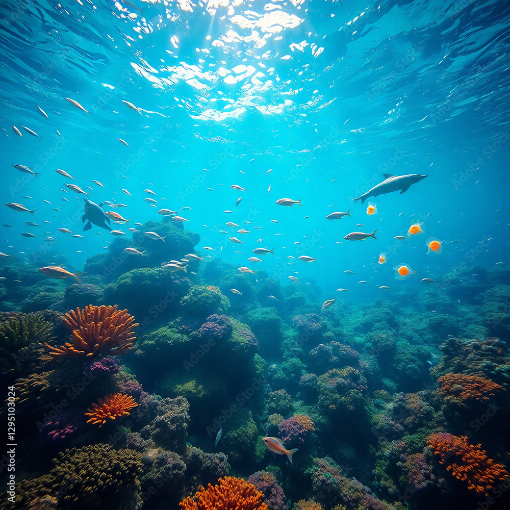 Fototapeta premium Pristine Plastic-Free Ocean with Vibrant Marine Life and Coral Reefs