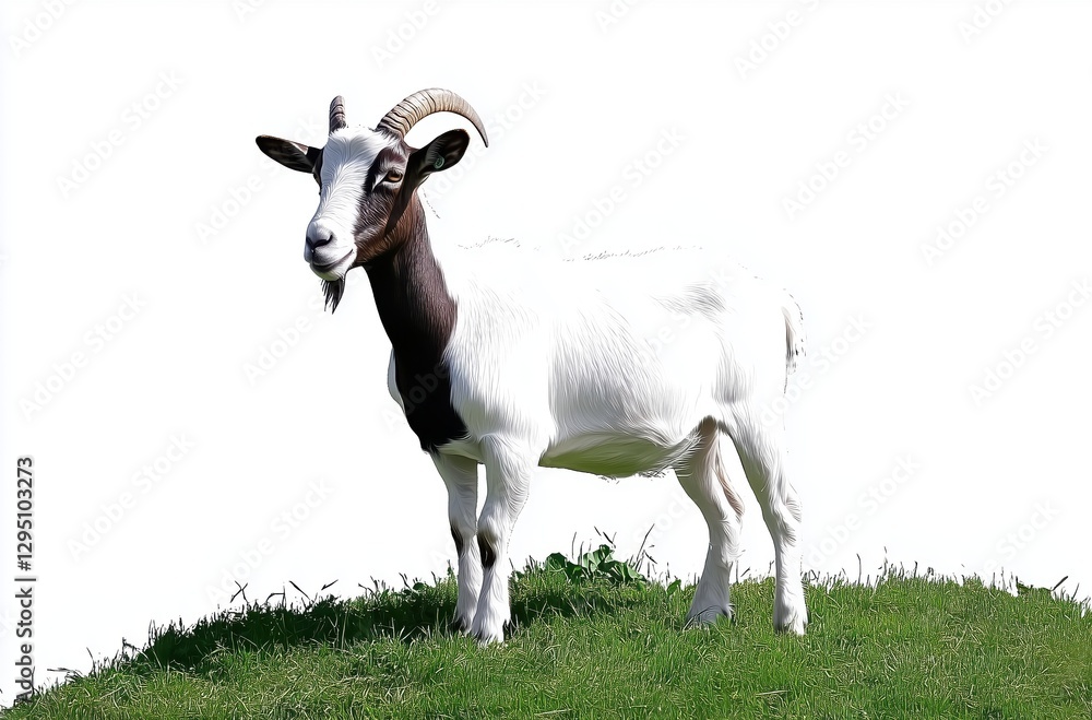 Majestic Goat Standing Gracefully on Green Hill with Clear Blue Sky Background
Majestic Goat Standing Gracefully on Green Hill with Clear Blue Sky Background