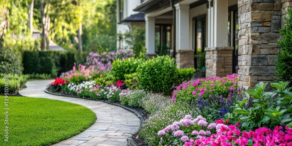 Naklejka premium A vibrant walkway adorned with colorful flowers and lush shrubs, leading up to a charming house, creating a picturesque and inviting atmosphere.