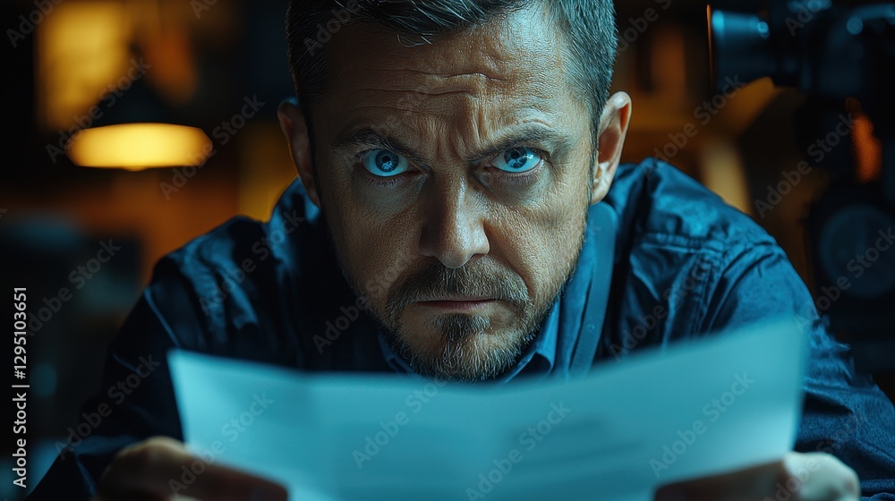 Intense Man Reviewing Documents at Night Intense Man Reviewing Documents at Night