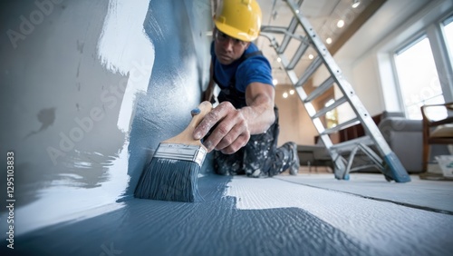 A man in a blue shirt and a yellow hard hat is painting a wall. He is using a brush to apply the paint
