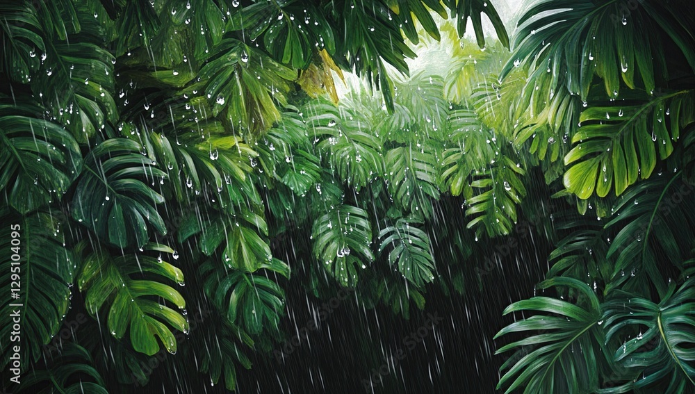 Fototapeta premium Lush Green Rainforest Under the Rain