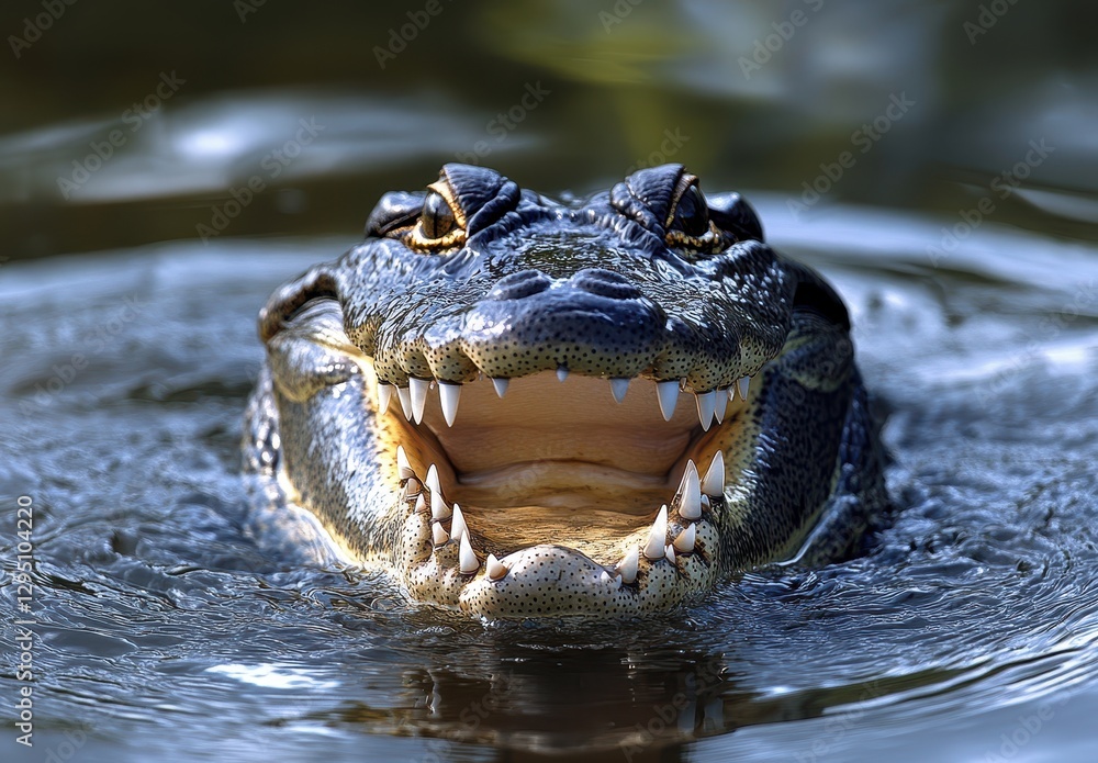 Fototapeta premium Close-Up of an Alligator Head with Open Mouth and Sharp Teeth Emerging from the Water, Showing a Gentle Rippling Surface and Lush Green Background