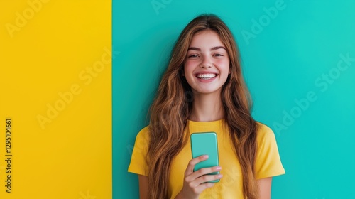 Smiling young woman holding smartphone, standing against yellow and turquoise background