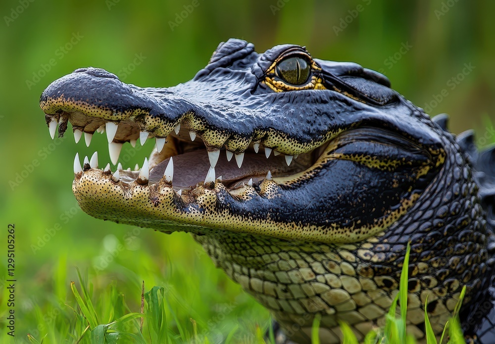 Obraz premium Close-Up of an Alligator's Head with Sharp Teeth and Intense Eyes Glimmering in Natural Green Setting Under Soft Sunlight for Wild Animal Photography