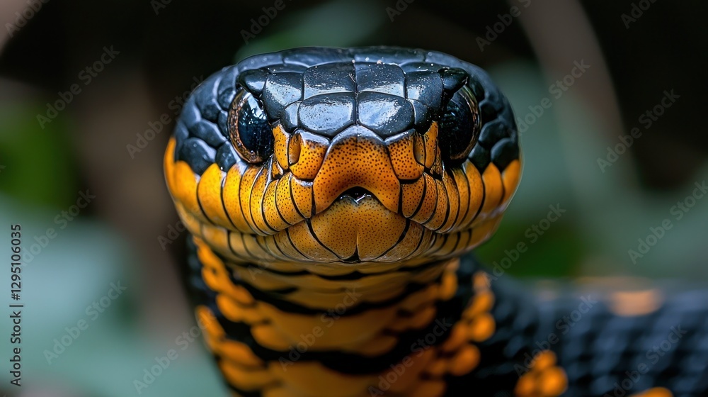Close-up venomous snake head, forest background, alert pose Close-up venomous snake head, forest background, alert pose