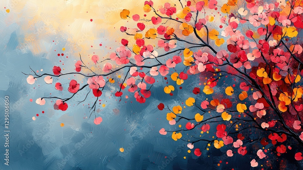Vibrant abstract painting of blossoming branches with colorful flowers against a soft blue background Vibrant abstract painting of blossoming branches with colorful flowers against a soft blue background