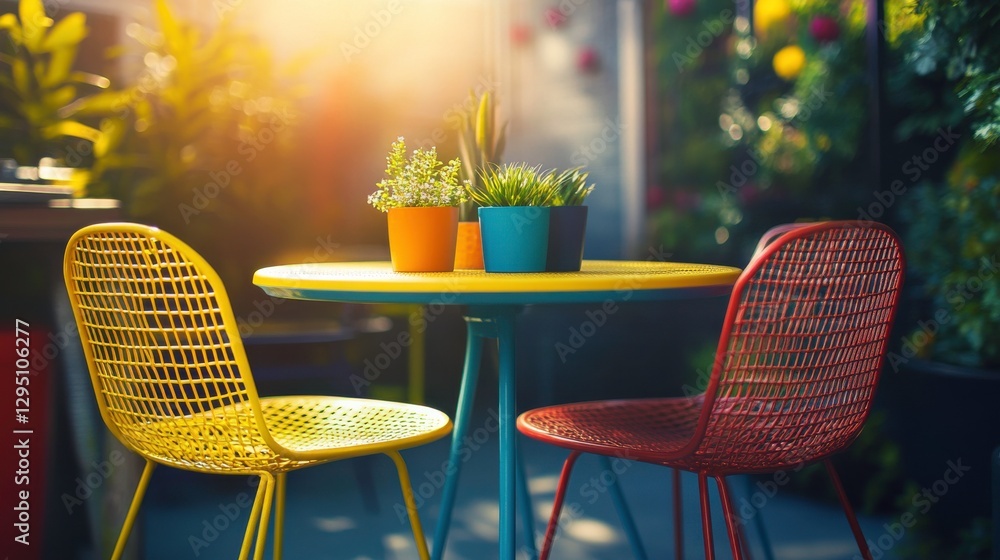 Obraz premium Bright Urban Cafe Seating with Natural Elements