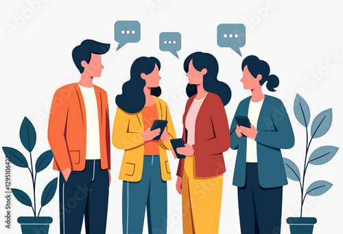 デジタルプラットフォームを強化：明るい配色と白い背景に、フラットなPNGスタイルで描かれた、人々がチャットするミニマルなUIイラスト。UI/UXデザインやアプリ開発に最適です。

