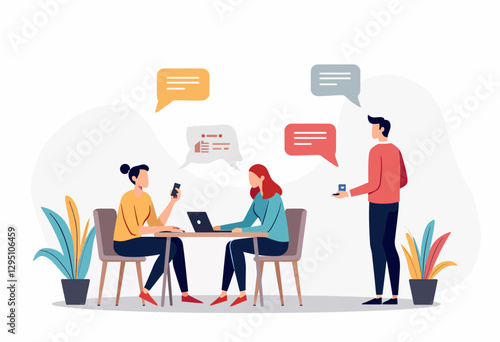 Elevate your app design with this flat vector UI illustration of people chatting, featuring a bright color scheme and set against an empty white background, ideal for creating a visually appealing and