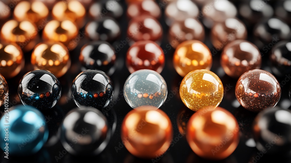 Elegant array of glossy spheres with intricate reflections creating a mesmerizing visual experience Elegant array of glossy spheres with intricate reflections creating a mesmerizing visual experience