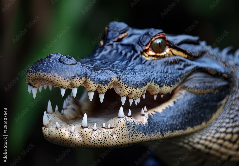 Fototapeta premium Close-up View of a Crocodile Face Highlighting Sharp Teeth and Intricate Scales in Natural Habitat Setting with Vibrant Background Elements