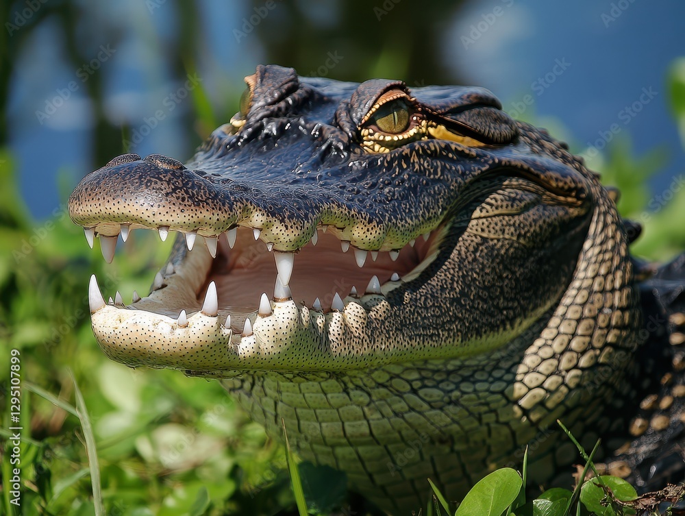 Obraz premium Close-Up View of a Crocodile with Open Mouth Showcasing Sharp Teeth and Intricate Skin Texture Surrounded by Lush Green Grass Near a Waterbody