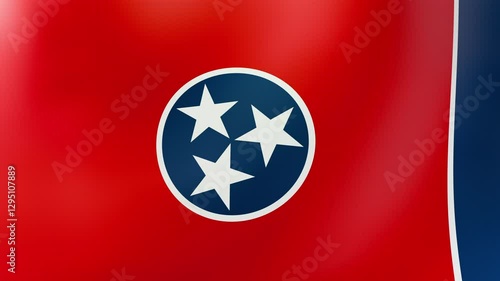 Seamless 3D loop of Tennessee’s tri-star and blue circle flag waving in wind. Vibrant 4K video for patriotic displays, cultural exhibits, and state pride promotions.