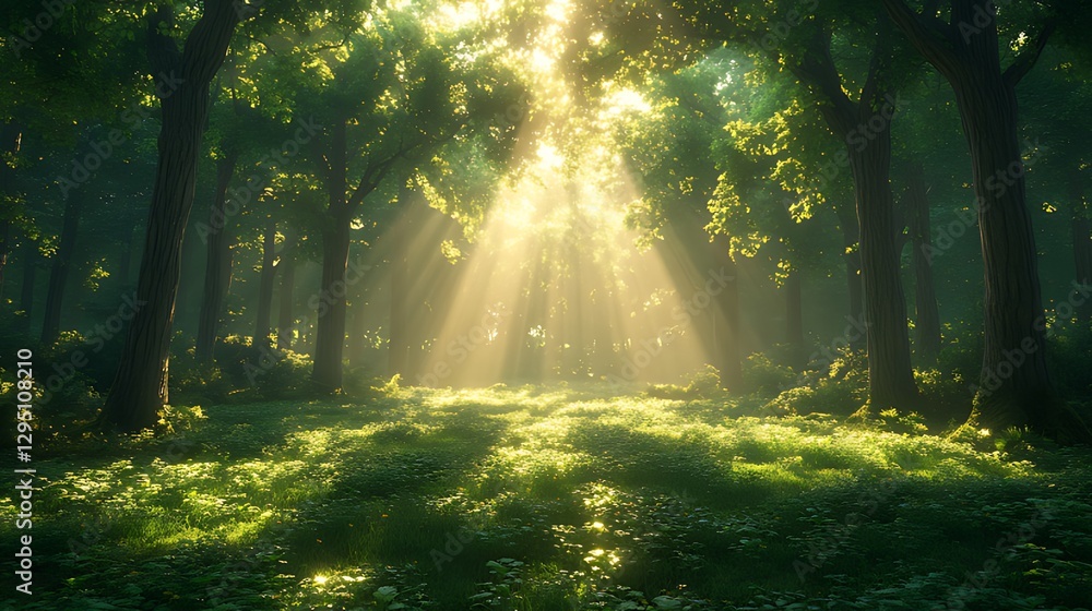 Obraz premium Sunbeams Illuminate Misty Forest Path