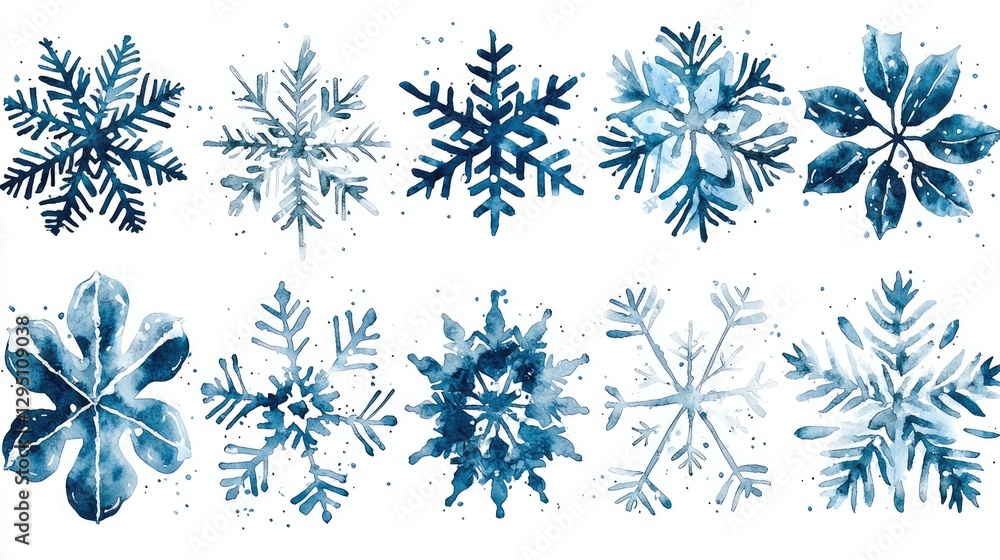 A collection of intricately designed blue watercolor snowflakes on a white background A collection of intricately designed blue watercolor snowflakes on a white background