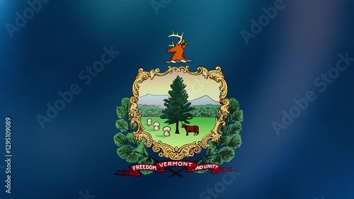 Seamless 3D loop of Vermont’s pine tree and coat of arms flag waving in wind. Vibrant 4K video for patriotic events, tourism promotions, and cultural projects.