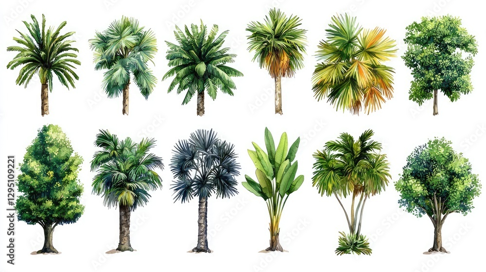 A diverse collection of tropical trees showcasing various species and foliage types A diverse collection of tropical trees showcasing various species and foliage types
