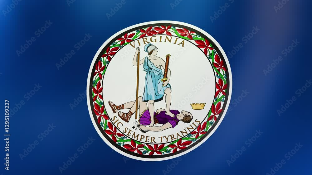 Seamless 3D loop of Virginia’s coat of arms and dogwood flag waving in wind. Vibrant 4K video for patriotic events, historical exhibits, and tourism promotions. Seamless 3D loop of Virginia’s coat of arms and dogwood flag waving in wind. Vibrant 4K video for patriotic events, historical exhibits, and tourism promotions.