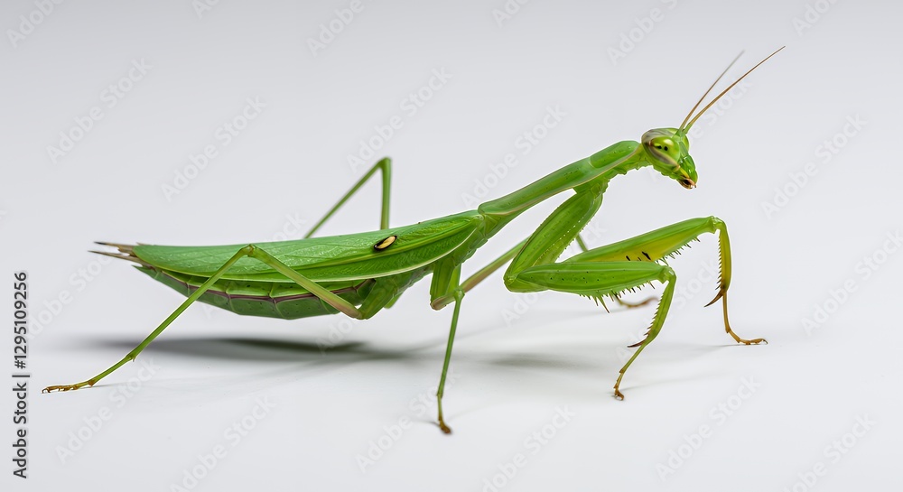 Green Praying Mantis Insect Standing on a White Surface Looking Curious