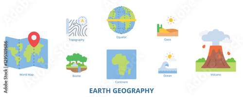 Earth Geography Flat Banner Web Icon Set Vector Illustration, Topography World Map Biome Ocean Continent Equator Oasis Volcano 