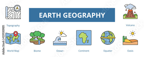 Earth Geography Lineal Color Banner Web Icon Set Vector Illustration, Topography World Map Biome Ocean Continent Equator Oasis Volcano 