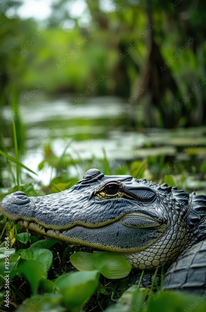 Fototapeta premium Close-up View of an Alligator Garretted Among Green Plant Life in a Serene Wetland Environment with Lush Background and Soft Lighting