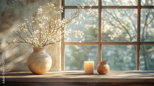 Cherry blossoms in vase by sunny window, candle, spring scene