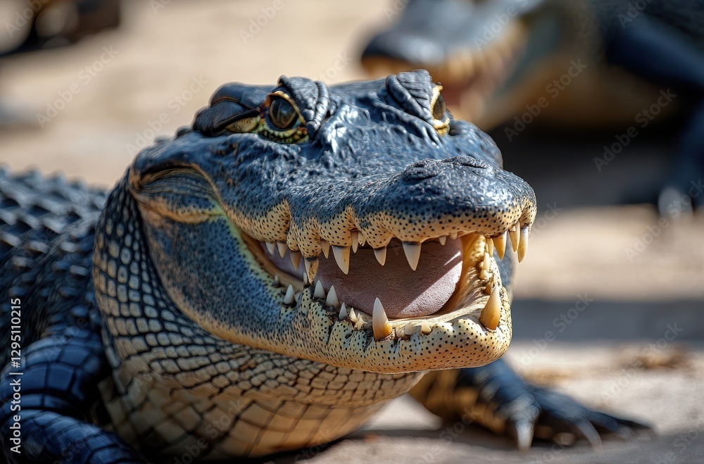 Fototapeta premium Close-up View of an Alligator Showing Sharp Teeth and Detailed Scales with Natural Background in a Wildlife Setting