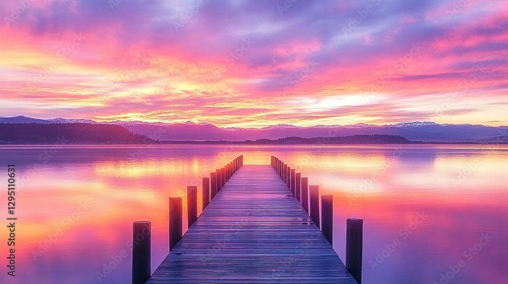 Naklejka premium A wooden pier extends towards a colorful sunset over water